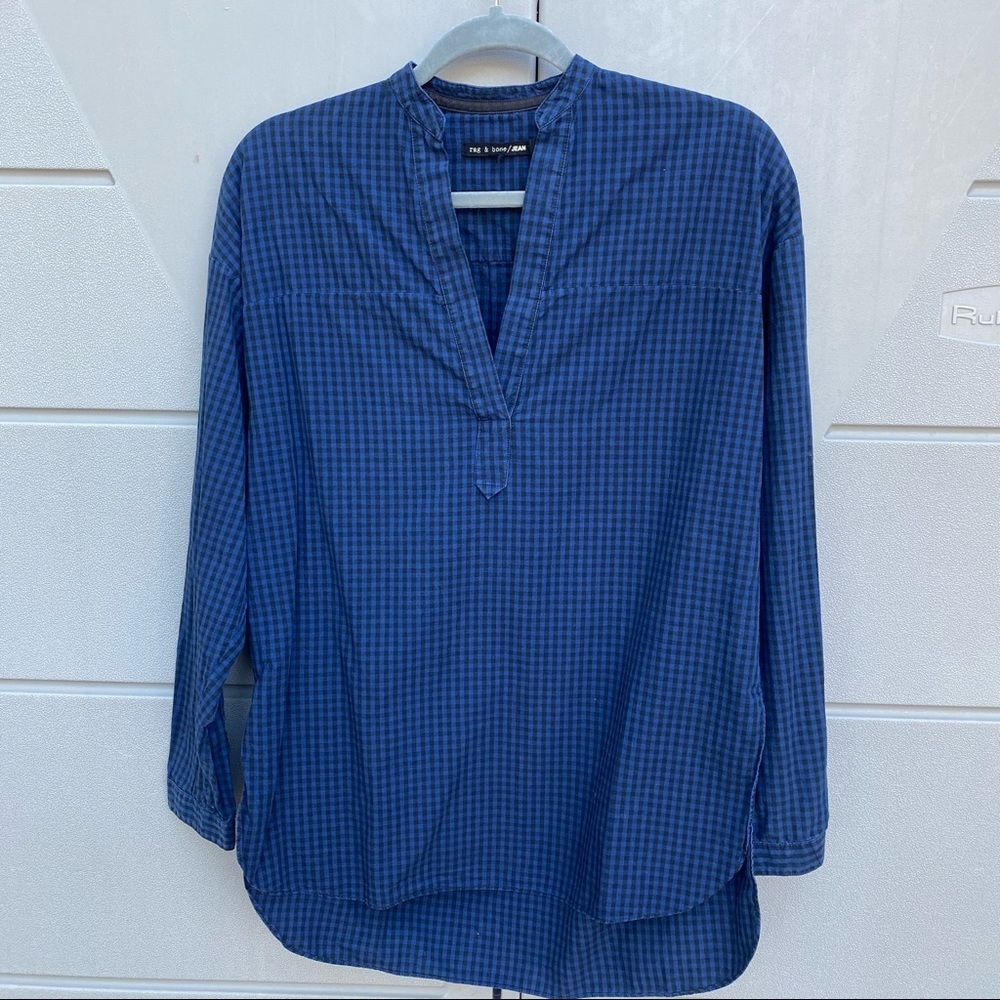 Rag & Bone Gingham blue & black v-neck long sleeve Cotton Shirt sz XS